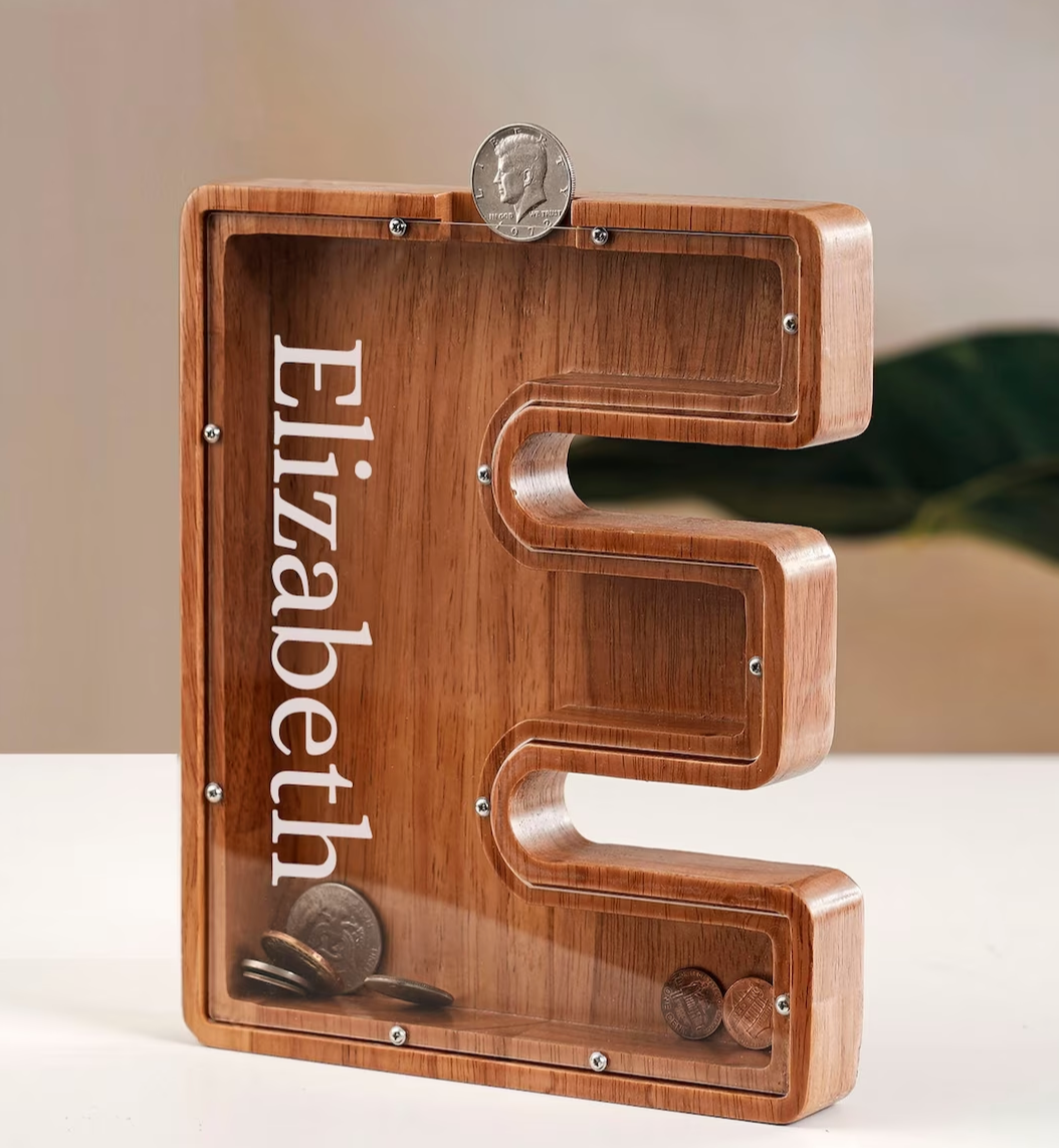Custom initial Coin Bank With Name Urban Forest Woodworking & Design