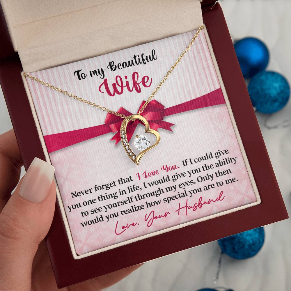 To My Beautiful Wife - Never Forget That I Love You - Pink Bow - Forever Love Necklace - Message Box