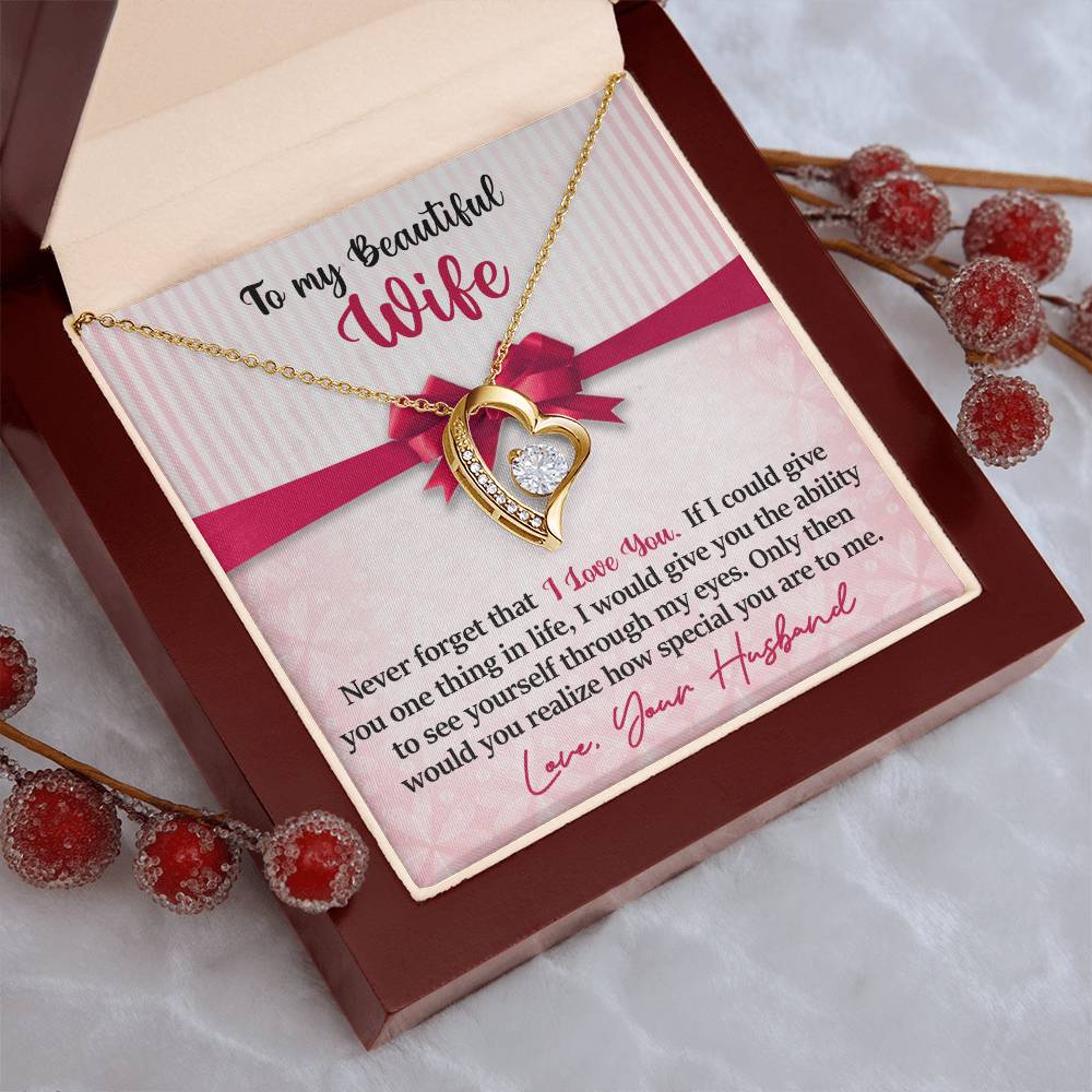 To My Beautiful Wife - Never Forget That I Love You - Pink Bow - Forever Love Necklace - Message Box