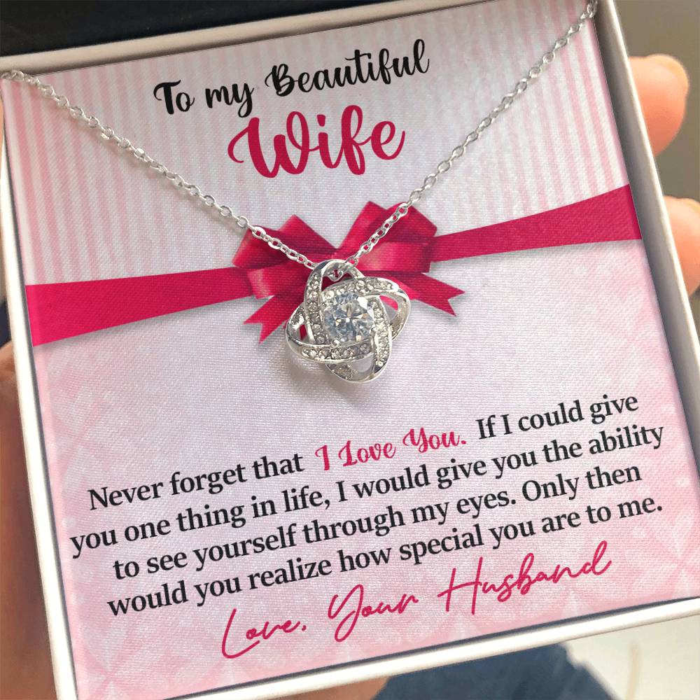 To My Beautiful Wife - I Love You - Pink Bow - Love Knot Necklace - PRICE INCLUDES FREE SHIPPING