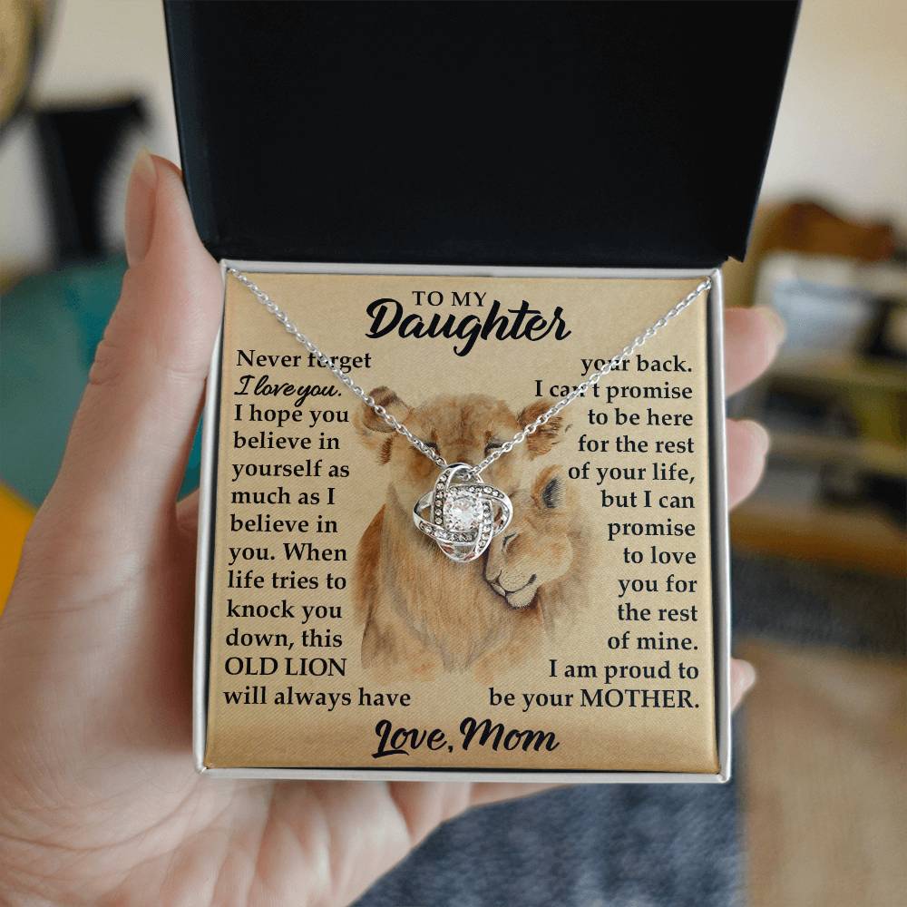 To My Daughter - I Am Proud To Be Your Mother - Lions - Love Knot Necklace - Message Box
