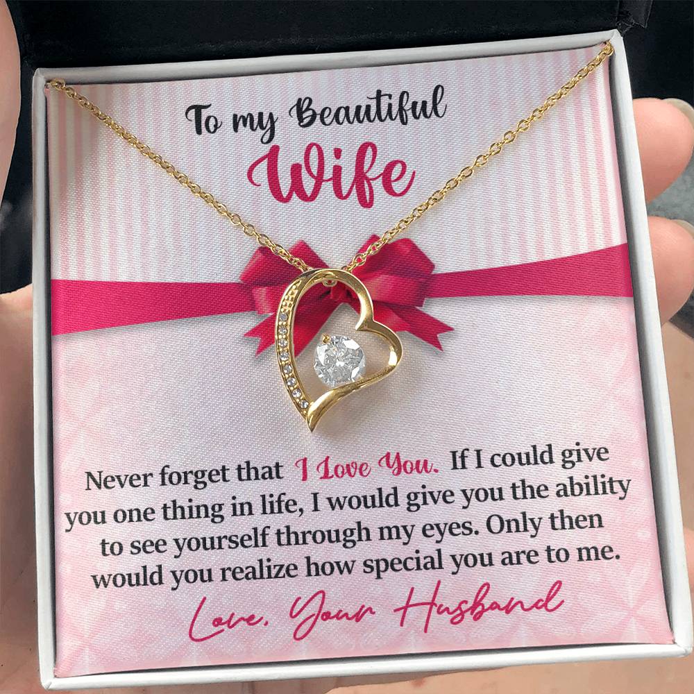 To My Beautiful Wife - Never Forget That I Love You - Pink Bow - Forever Love Necklace - Message Box