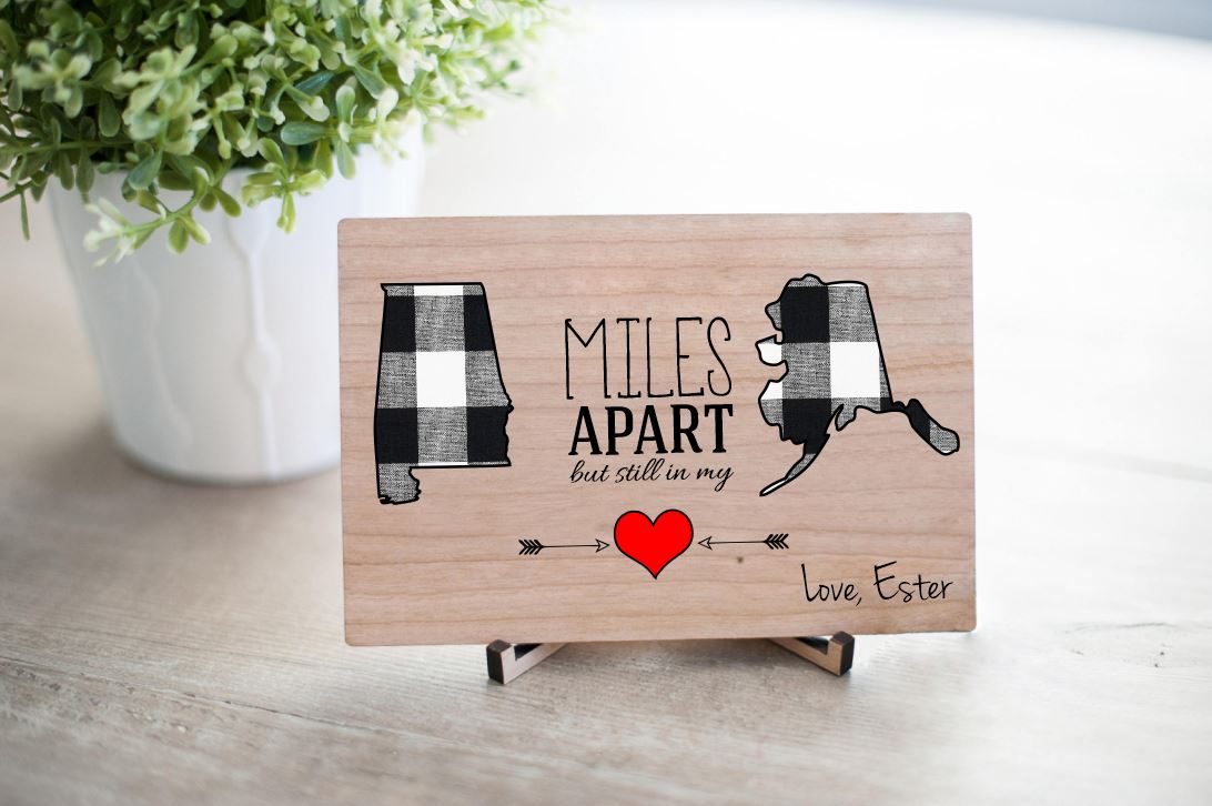 Large 9"x 5" Miles Apart But Still In My Heart Postcard- wooden postcard- long distance relationships-custom wood state card
