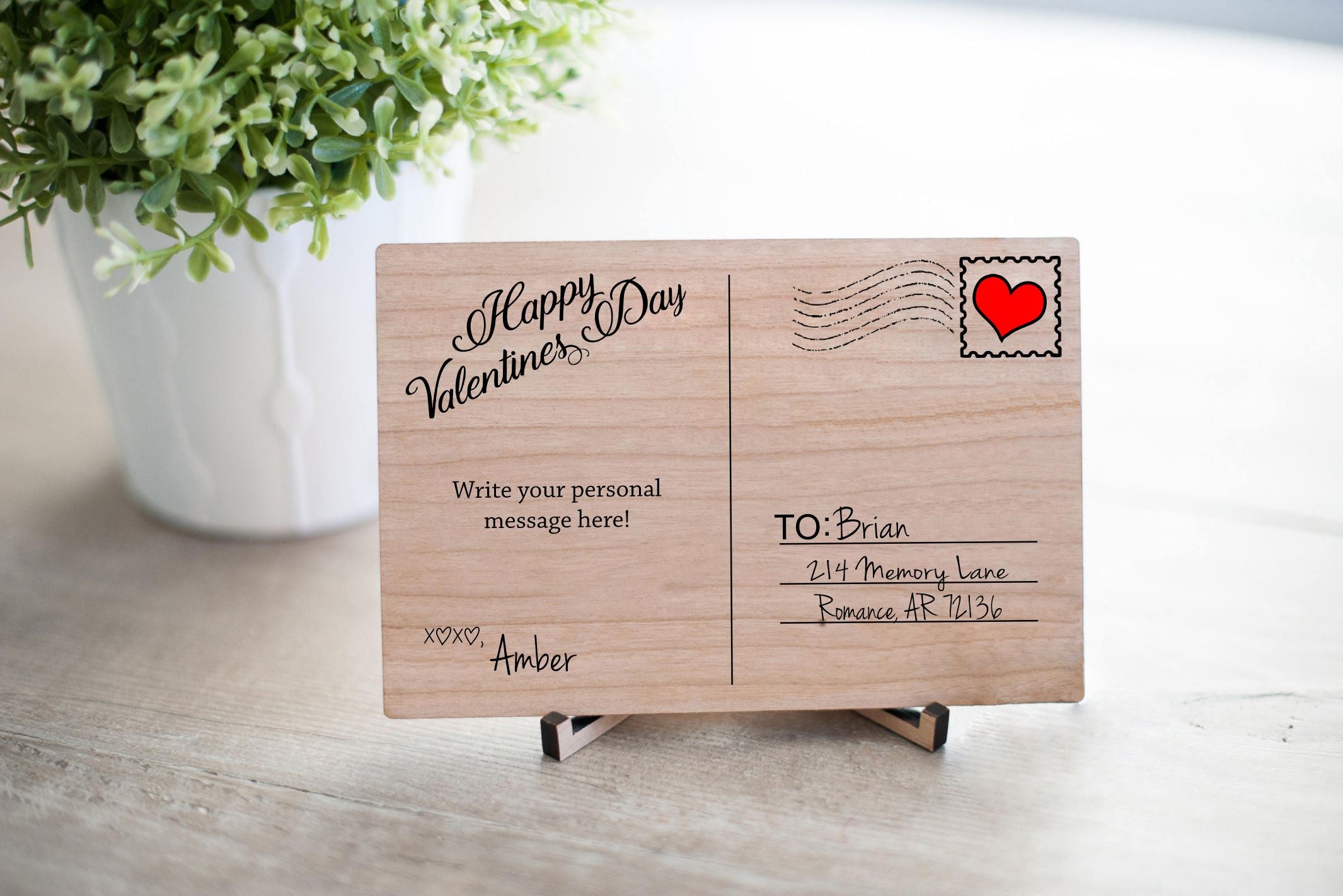 Wood Valentine's Postcard ~ 4x6 Personalized card-custom letter on wood- gift for her-gift for him- laser engraved card-Laser engraved card