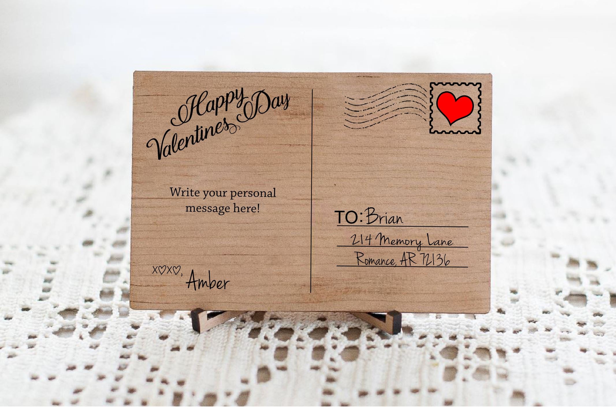 Wood Valentine's Postcard ~ 4x6 Personalized card-custom letter on wood- gift for her-gift for him- laser engraved card-Laser engraved card