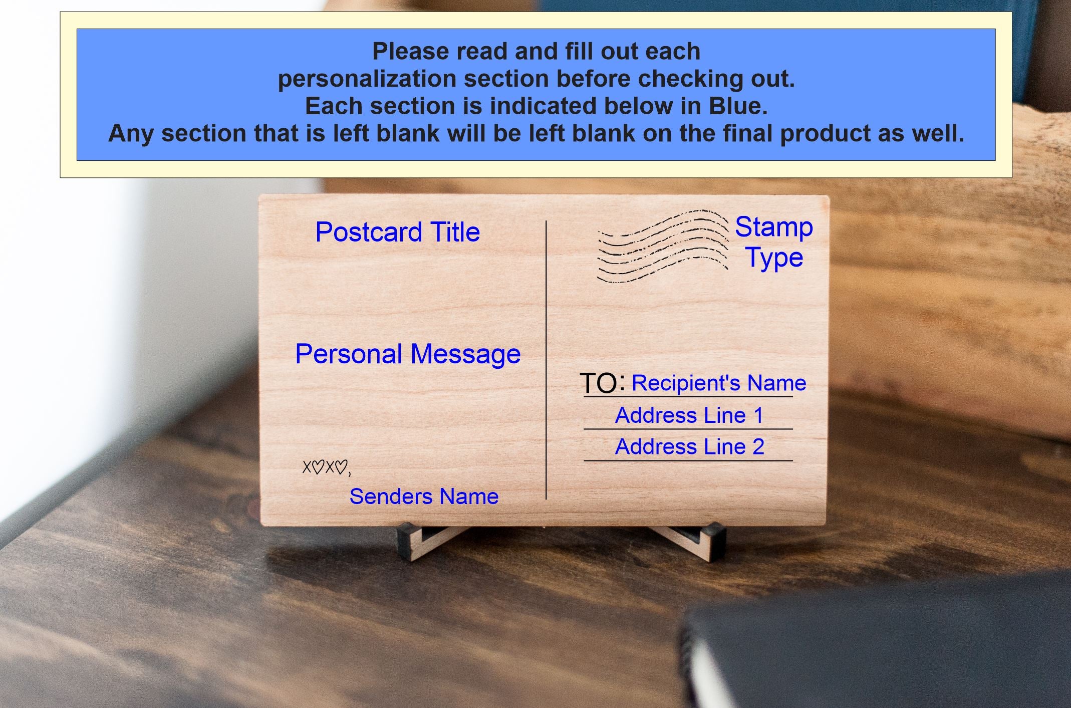 Wood Valentine's Postcard ~ 4x6 Personalized card-custom letter on wood- gift for her-gift for him- laser engraved card-Laser engraved card