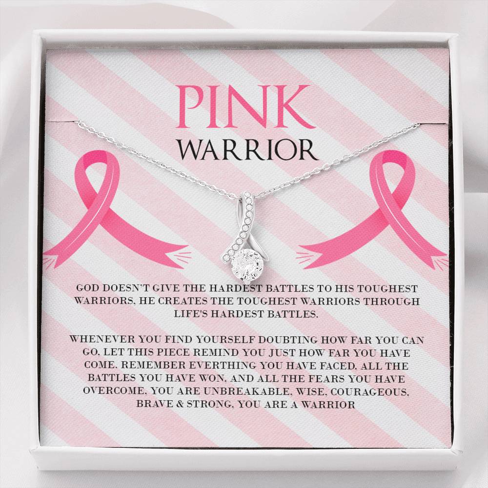 Breast Cancer Pink Warrior Ribbon Drop Pendant Necklace