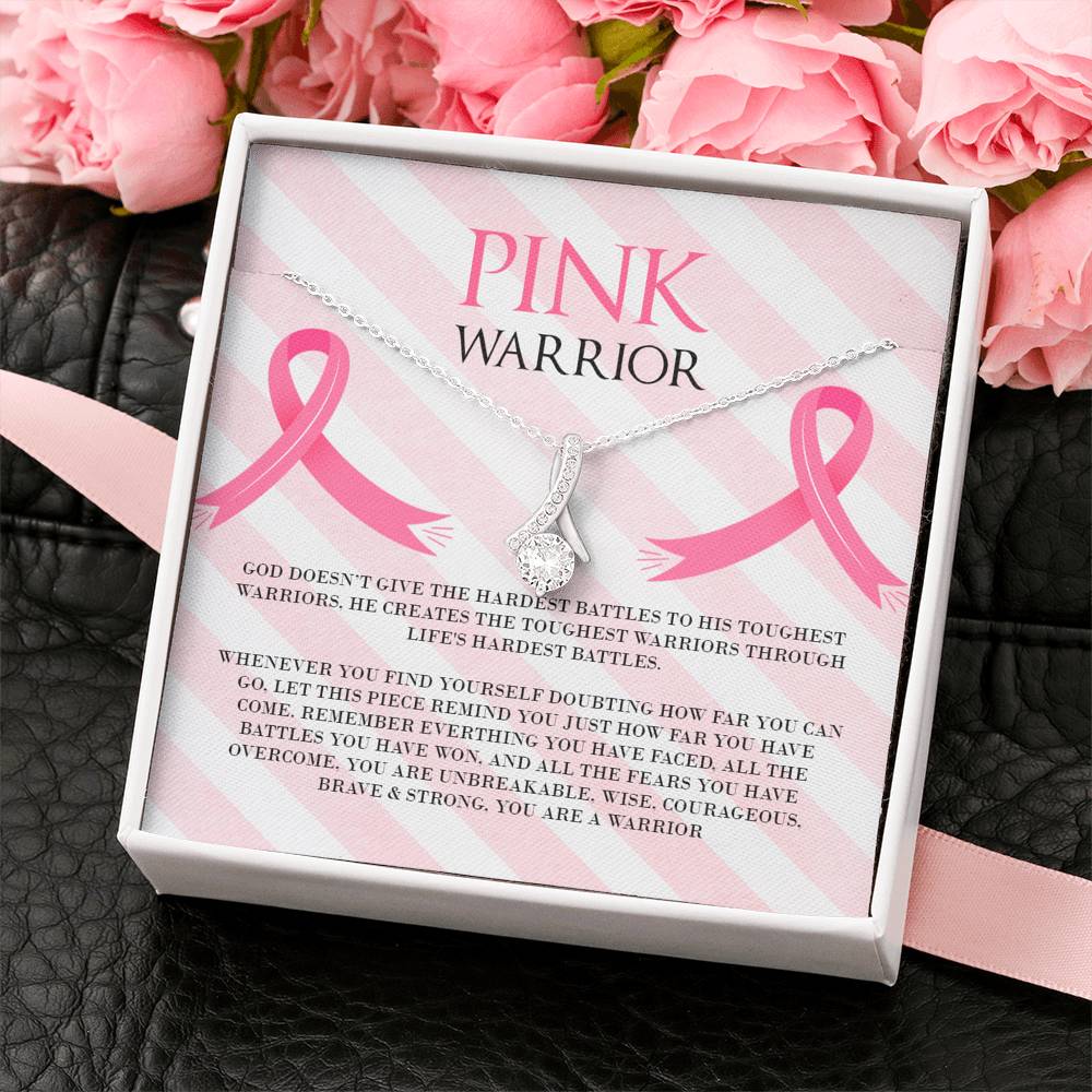 Breast Cancer Pink Warrior Ribbon Drop Pendant Necklace
