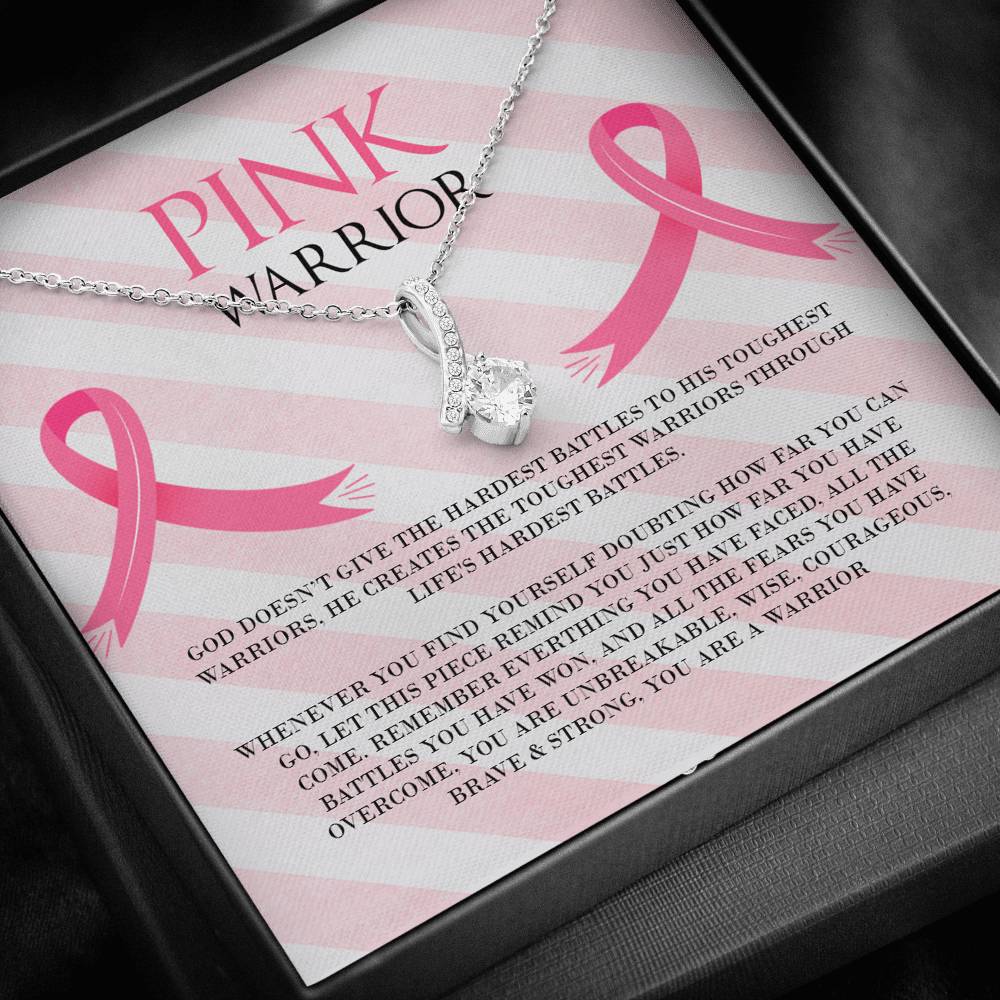 Breast Cancer Pink Warrior Ribbon Drop Pendant Necklace