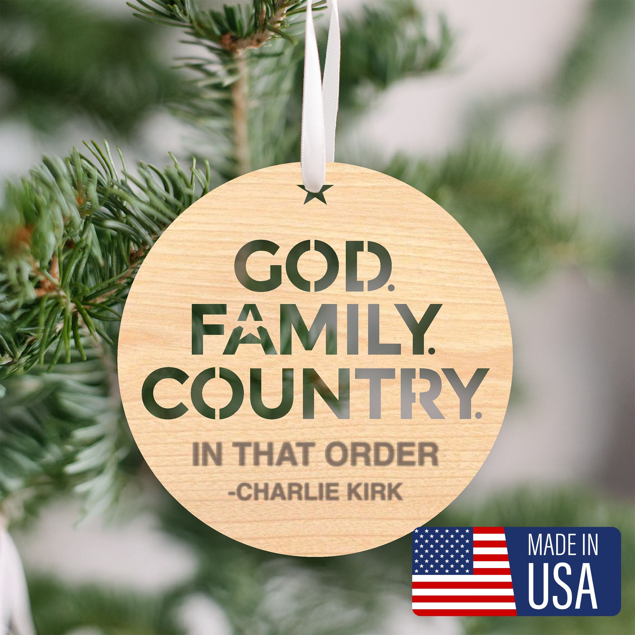 Honor & Light: “God, Family, Country” Charlie Kirk Tribute Ornament