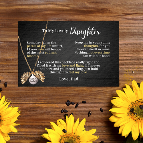 To My Lovely Daughter - Love Dad - Canvas Message Card With Sunflower Necklace - PRICE INCLUDES FREE SHIPPING