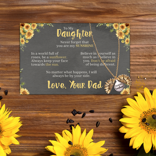 To My Daughter - You Are My Sunshine - Love Dad - Canvas Message Card With Sunflower Necklace - PRICE INCLUDES FREE SHIPPING