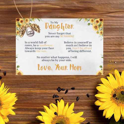 To My Daughter - You Are My Sunshine - Love Mom - Canvas Message Card With Sunflower Necklace - PRICE INCLUDES FREE SHIPPING