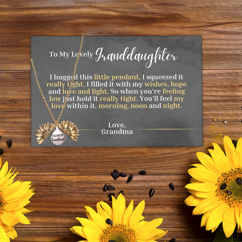 To My Lovely Granddaughter - Love Grandma - Canvas Message Card With Sunflower Necklace - PRICE INCLUDES FREE SHIPPING