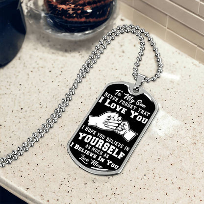 To My Son - Never Forget I Love You Fist Bump Black- Dog Tag Necklace