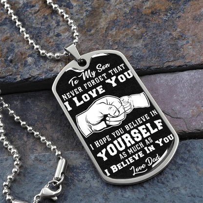 To My Son - Never Forget That I Love You - Fist Bump - Dog Tag Necklace