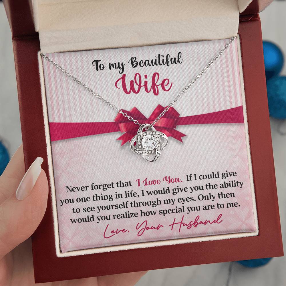 To My Beautiful Wife - I Love You - Pink Bow - Love Knot Necklace - PRICE INCLUDES FREE SHIPPING