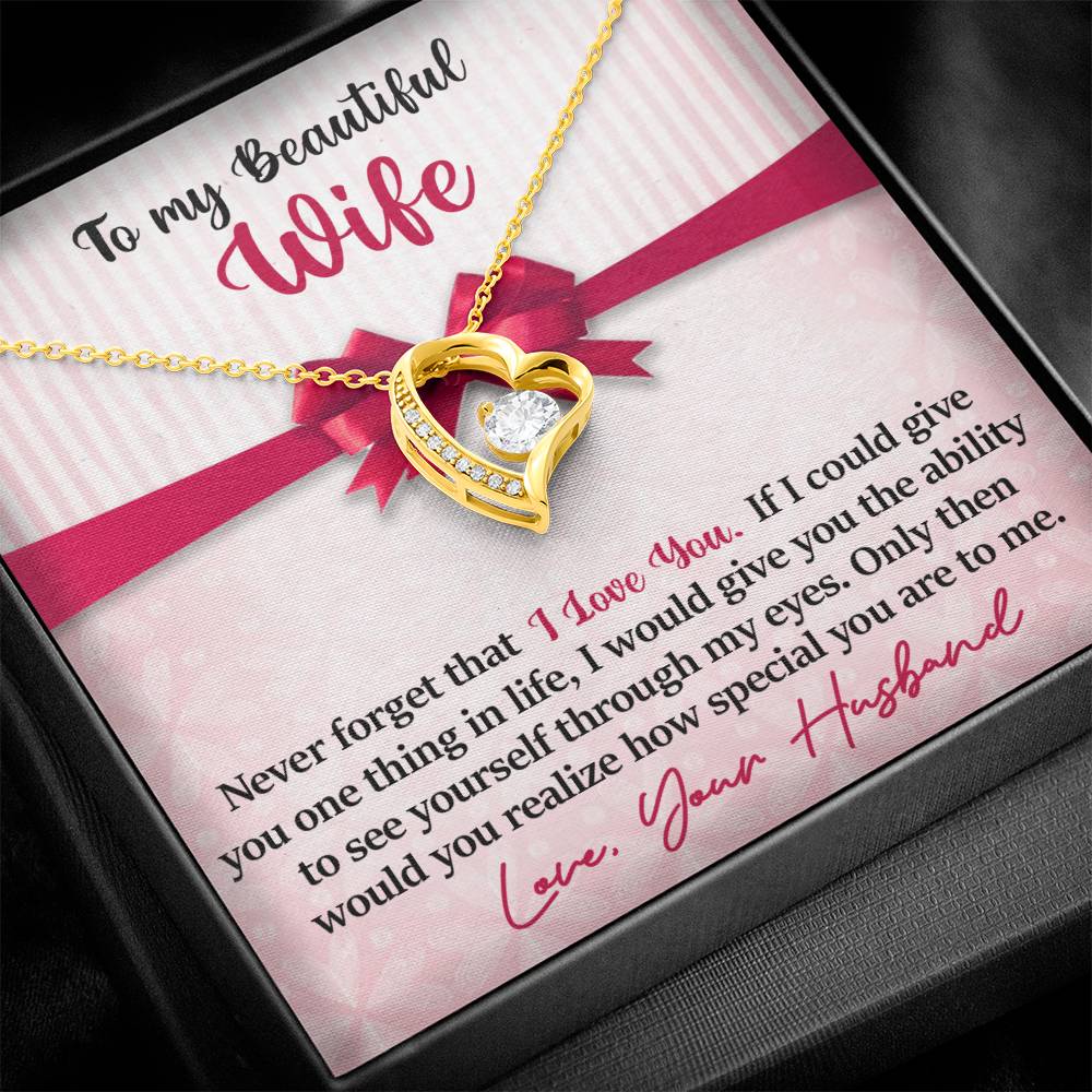To My Beautiful Wife - Never Forget That I Love You - Pink Bow - Forever Love Necklace - Message Box