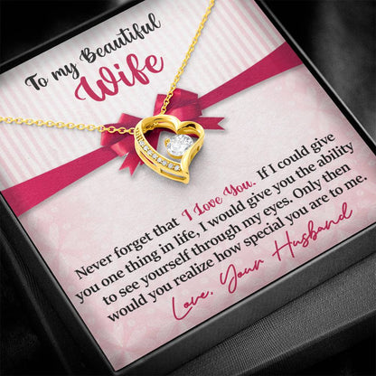 To My Beautiful Wife - Never Forget That I Love You - Pink Bow - Forever Love Necklace - Message Box