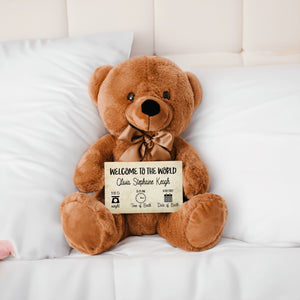 Welcome To The World Teddy Bear With Message Card - PERSONALIZED - PRICE INCLUDES FREE SHIPPING