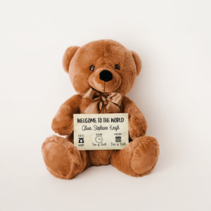 Welcome To The World Teddy Bear With Message Card - PERSONALIZED - PRICE INCLUDES FREE SHIPPING