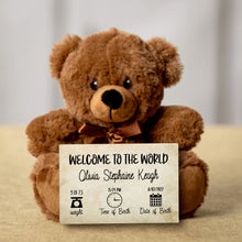 Load image into Gallery viewer, Welcome To The World Teddy Bear With Message Card - PERSONALIZED - PRICE INCLUDES FREE SHIPPING