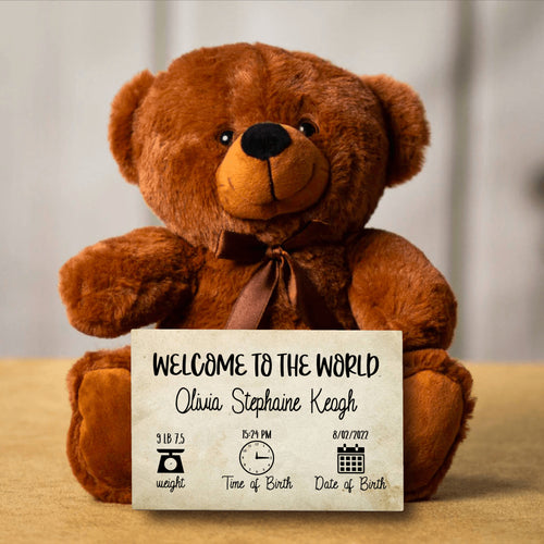 Welcome To The World Teddy Bear With Message Card - PERSONALIZED - PRICE INCLUDES FREE SHIPPING