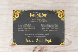 To My Daughter - You Are My Sunshine - Love Dad - Canvas Message Card With Sunflower Necklace - PRICE INCLUDES FREE SHIPPING