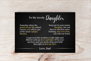 To My Lovely Daughter - Love Dad - Canvas Message Card With Sunflower Necklace - PRICE INCLUDES FREE SHIPPING