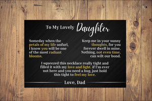 To My Lovely Daughter - Love Dad - Canvas Message Card With Sunflower Necklace - PRICE INCLUDES FREE SHIPPING