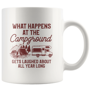 What Happens At The Campground White Mug